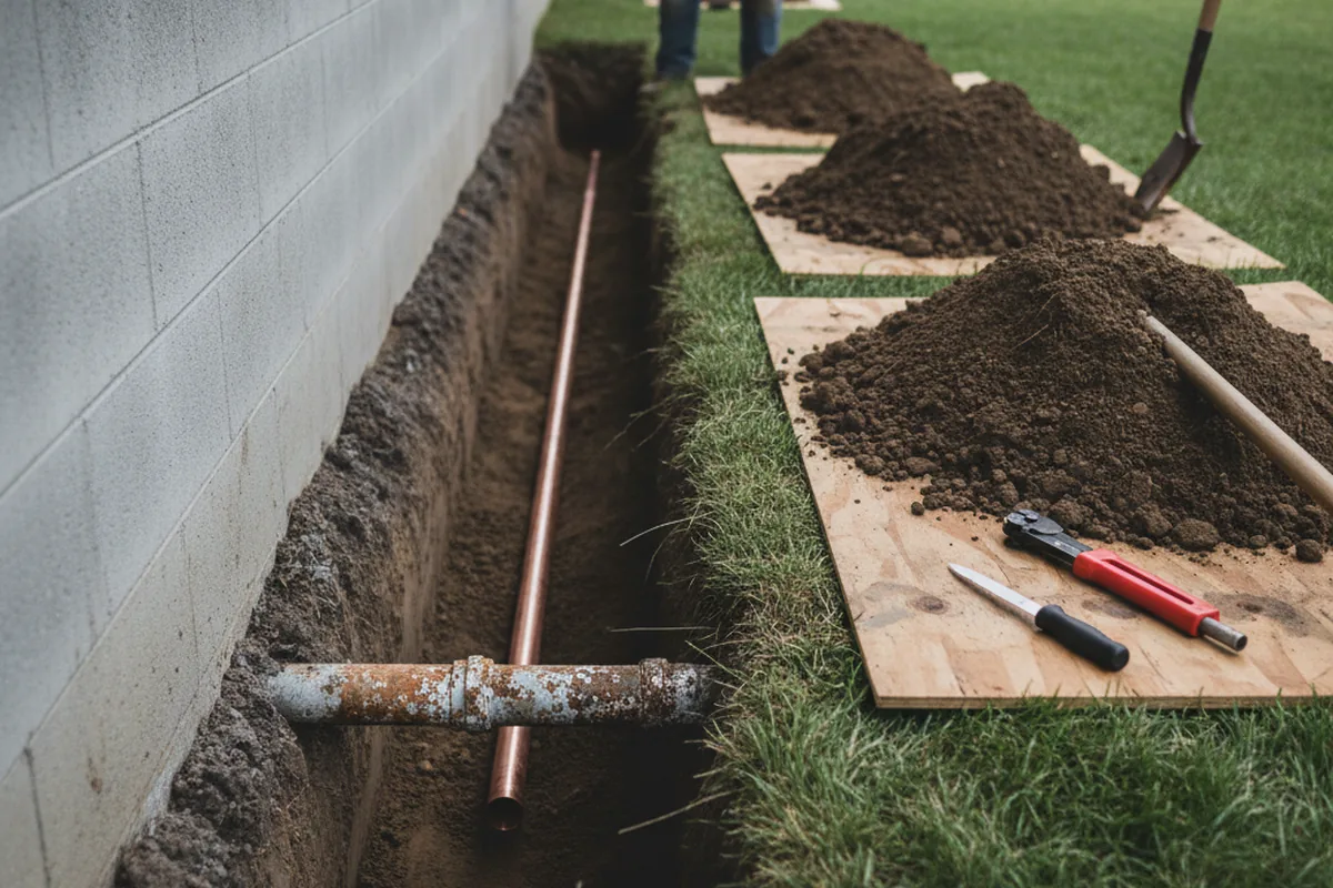 Excavated water line trench during Water Heater Repair in Madera